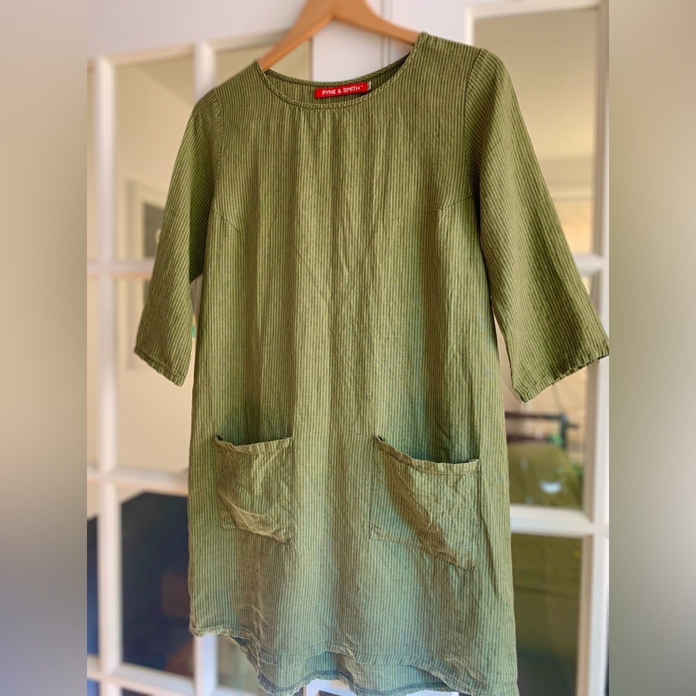 Pyne and Smith Linen Shift Dress in Fern Stripe, size Medium - Picture 2 of 9